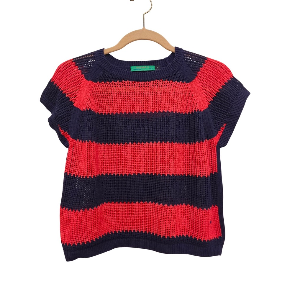 Clare V Raglan Sweater Vest S Navy Blue Red Striped Open Knit Short Sleeve Top